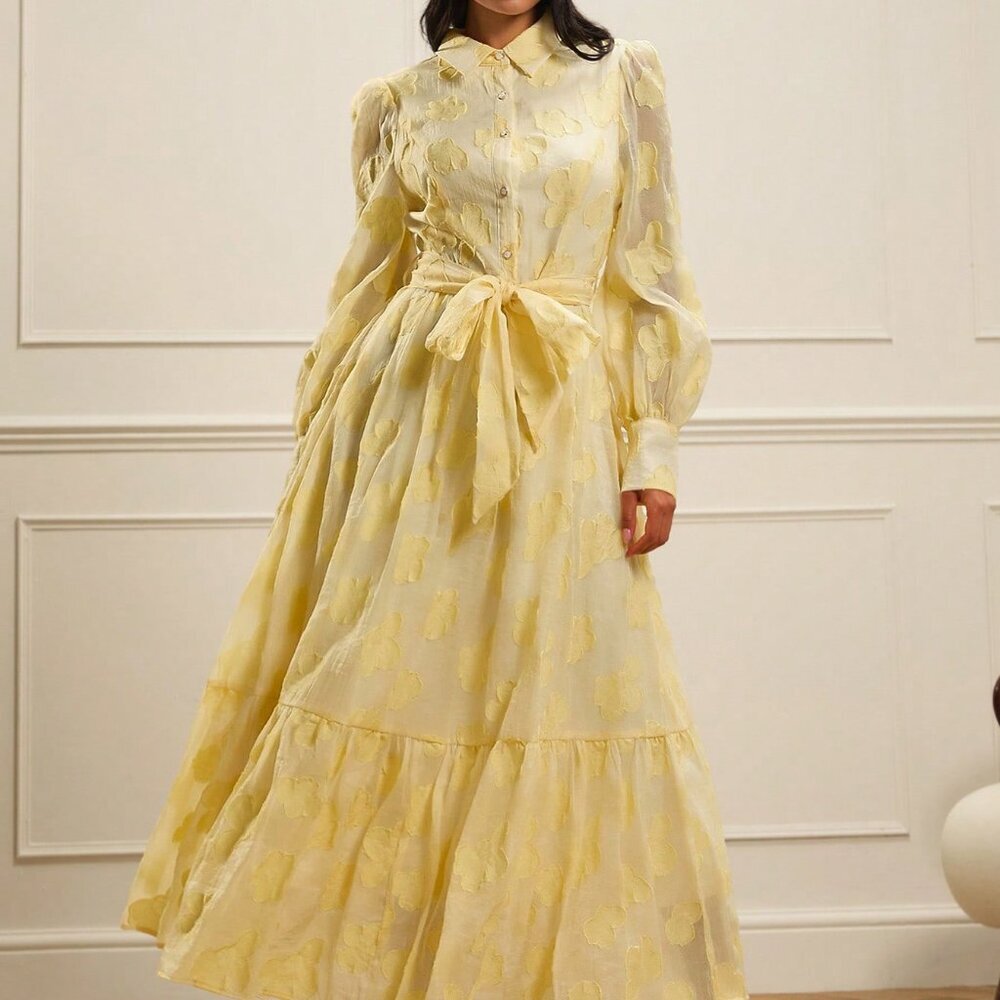 Pale Yellow Casual Womens Jacquard Chiffon Shirt Dress with Collar and Bow Waist - Picture 6 of 7